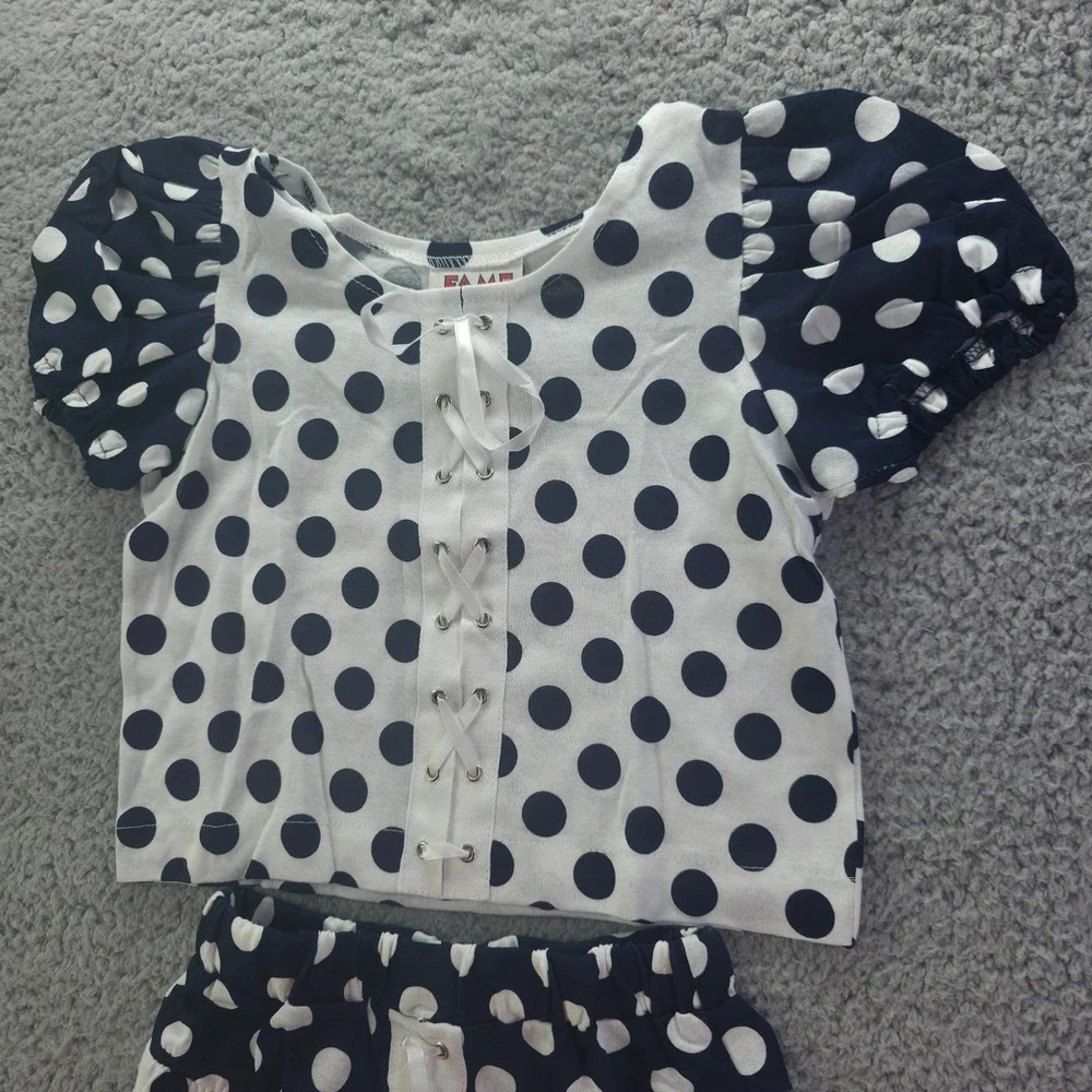 Vintage Fame Clothing Co Polka Dot Top and Shorts Set Navy White Kids 6X USA 90s